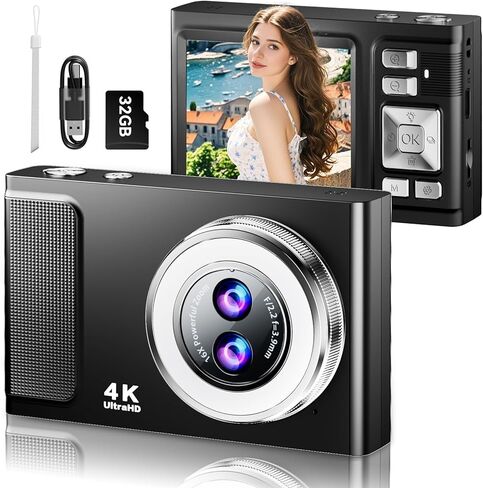 JDZ Digital Camera, 4K UHD Point and Shoot Cameras with Dual Camera, Compact Kids Digital Camera with16X Zoom Anti-Shake for Boys Girls, Black in Saudi Arabia