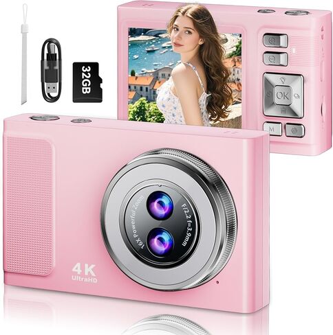 JDZ Digital Camera, 4K UHD Point and Shoot Cameras with Dual Camera, Compact Kids Digital Camera with16X Zoom Anti-Shake for Boys Girls, Black in Kuwait