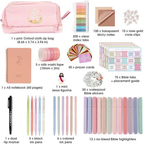 مجموعة لوازم دراسة الكتاب المقدس 14 في 1 للنساء، ملحقات يوميات الكتاب المقدس، علامات الكتاب المقدس، ملاحظات لاصقة شفافة، أقلام تمييز لا تنزف، بطاقات صلاة، شريط واشي، هدية مسيحية، وردي in Kuwait