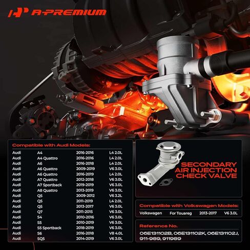 A-Premium Secondary Air Injection Check Valve Compatible with Audi Q5, Q7, A4 A6 A7 A8 Quattro, A7 S5 Sportback, SQ5, S4, S5, S6 & Volkswagen Touareg, Air Pump Check Control Valve with Gasket in Saudi Arabia