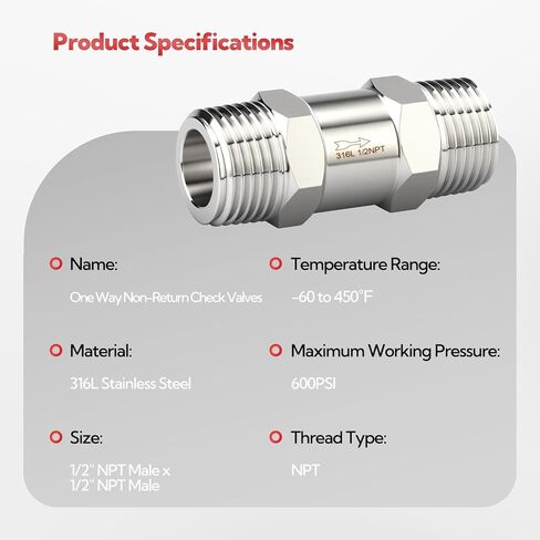 1 قطعة 316L الفولاذ المقاوم للصدأ صمام فحص باتجاه واحد، 1/2 "NPT ذكر x 1/2" NPT ذكر المواضيع ضاغط الهواء صمام الاختيار منع التدفق الخلفي in Kuwait