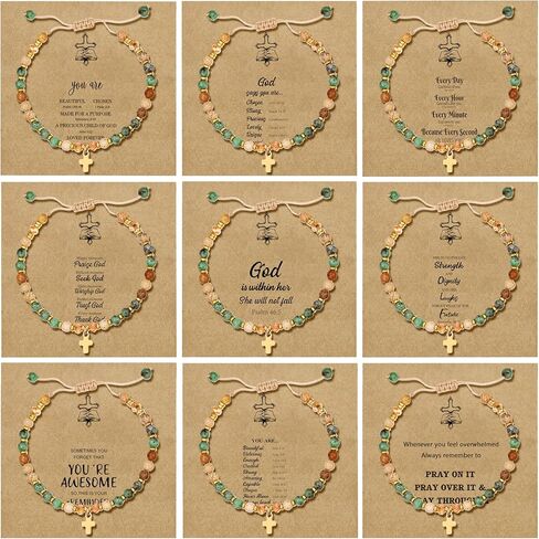 BROCC 9PCS سوار الصليب للنساء، 4MM شفاء الحجر الطبيعي مطرز أساور مجموعة قابل للتعديل حبل النايلون المسيحية اليدوية مجوهرات مضفرة in Kuwait