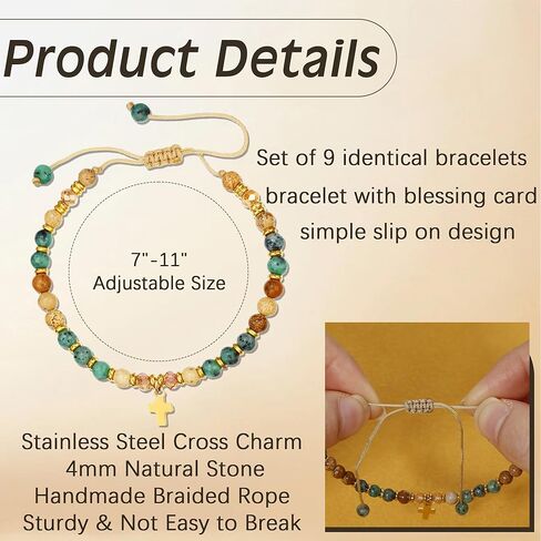 BROCC 9PCS سوار الصليب للنساء، 4MM شفاء الحجر الطبيعي مطرز أساور مجموعة قابل للتعديل حبل النايلون المسيحية اليدوية مجوهرات مضفرة in Kuwait