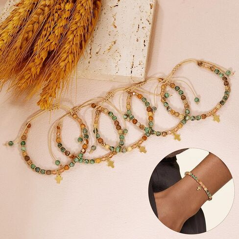 BROCC 9PCS سوار الصليب للنساء، 4MM شفاء الحجر الطبيعي مطرز أساور مجموعة قابل للتعديل حبل النايلون المسيحية اليدوية مجوهرات مضفرة in Kuwait