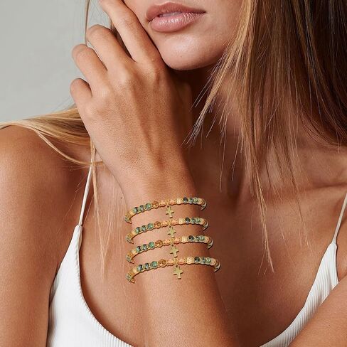 BROCC 9PCS سوار الصليب للنساء، 4MM شفاء الحجر الطبيعي مطرز أساور مجموعة قابل للتعديل حبل النايلون المسيحية اليدوية مجوهرات مضفرة in Kuwait