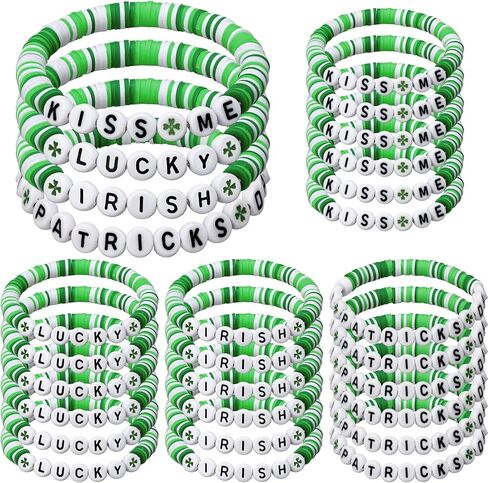 24 Pcs St. Patrick's Day Bracelet for Women Clay Lucky Irish Shamrock Beaded Bracelets Bulk for Party Decor Gifts in Saudi Arabia