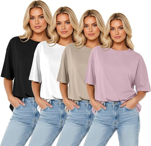 LETSEE 4 Pack Oversized Tshirts for Women Short Sleeve Workout Shirt Crew Neck Loose Fit Baggy Tee Tops Basic Clothes in Saudi Arabia