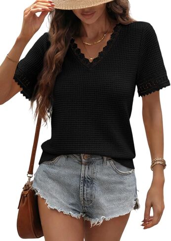 Dokotoo Women's Casual V Neck Short Sleeve Waffle Knit Lace Patchwork Shirts Summer Loose Basic Tunic Tops Tee Blouses in Saudi Arabia