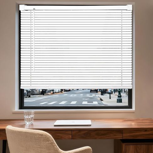BLINDLY Home Wireless Light Filter 1 "ستائر فينيل صغيرة للنوافذ، ستائر النوافذ الأفقية للمنزل، ظلال لاسلكية للنوافذ الداخلية والخارجية، 24 بوصة عرض × 48 بوصة طول، أبيض in Saudi Arabia
