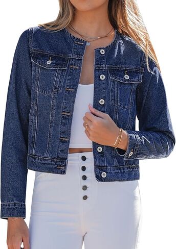 luvamia Jean Jacket Women Trendy Collarless Button Down Long Sleeve Casual Western Denim Jacket Country Concert Outfits in Saudi Arabia