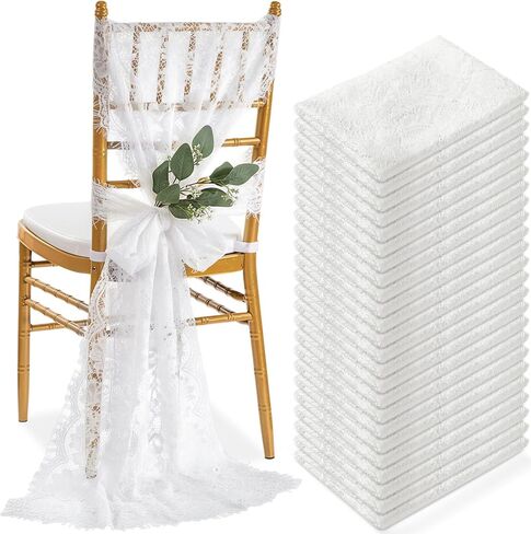 Tiamon 24 Pcs White Lace Chair Sashes for Wedding Decoration 10.2x118 Inch Floral Lace Chair Bows Long Chinlon Aisle Decor for Rustic Vintage Bridal Shower Banquet Birthday Party Engagement Decor in Saudi Arabia