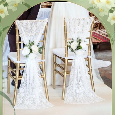 Tiamon 24 Pcs White Lace Chair Sashes for Wedding Decoration 10.2x118 Inch Floral Lace Chair Bows Long Chinlon Aisle Decor for Rustic Vintage Bridal Shower Banquet Birthday Party Engagement Decor in Saudi Arabia