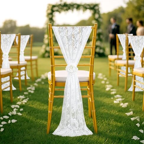 Tiamon 24 Pcs White Lace Chair Sashes for Wedding Decoration 10.2x118 Inch Floral Lace Chair Bows Long Chinlon Aisle Decor for Rustic Vintage Bridal Shower Banquet Birthday Party Engagement Decor in Saudi Arabia