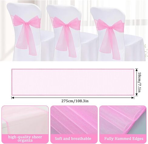 10PCS Pink Chair Sashes, Organza Elegant Chair Bows Sheer Ribbon Tie Back Universal Chiffon Knots Ties for Wedding Banquet Party Decoration Classroom in Saudi Arabia