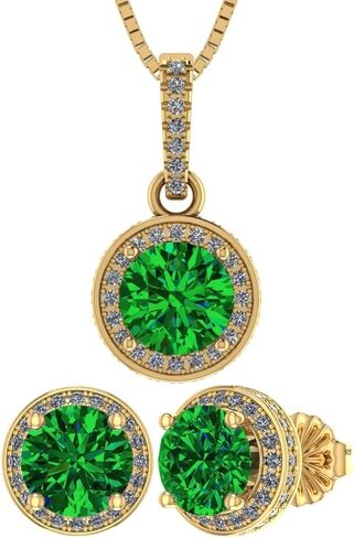 Central Diamond Center Round Halo Earring & Necklace Set w/ 6.5mm Simulated Birthstones in 925 Sterling Silver, Hypoallergenic in Saudi Arabia