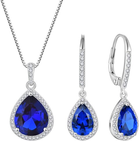 FJ Teardrop Jewelry Set for Women 925 Sterling Silver Sapphire Necklace and Earrings Set Pear Cut September Birthstone Jewelry Gifts in Saudi Arabia