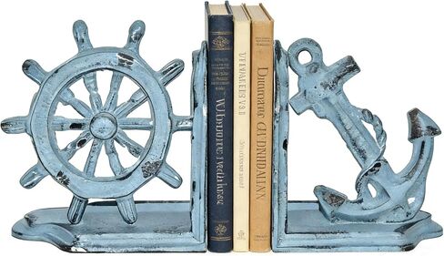 مجموعة دفاتر المرساة المزخرفة، مجموعة دفاتر عجلة السفن البحرية، حامل كتب من الحديد الزهر شديد التحمل، نهايات الكتب للأرفف في غرفة المعيشة والمكتب المنزلي، أزرق عتيق، زوج واحد/قطعتان (أبيض عتيق) in Kuwait