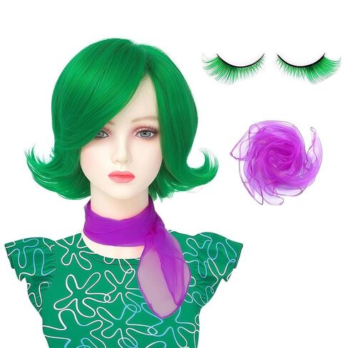 شعر مستعار لزي الهالوين للبالغين مع وشاح ورموش صناعية، شعر مستعار قصير أخضر للهالوين in Kuwait