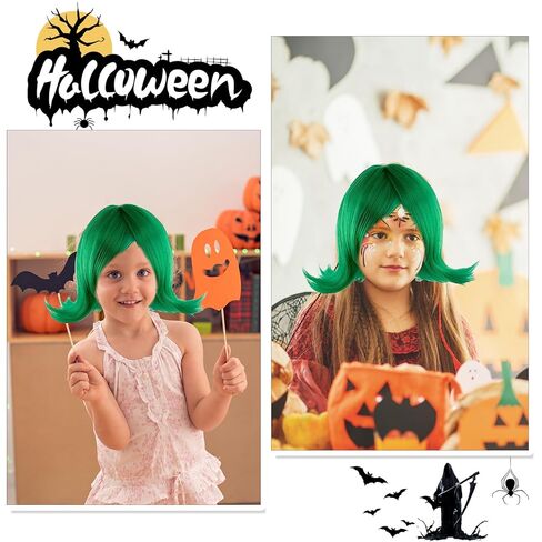 شعر مستعار لزي الهالوين للبالغين مع وشاح ورموش صناعية، شعر مستعار قصير أخضر للهالوين in Kuwait
