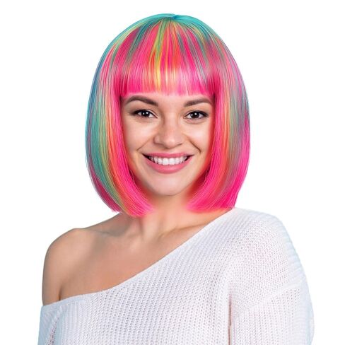 Short Bob Wig with Bangs Colorful Party Wigs for Women Colored Cosplay Costume Daily Party Flapper Wig Hairpieces with Cap for Halloween Bachelorette(with Bangs,Pink,Blue) in Saudi Arabia