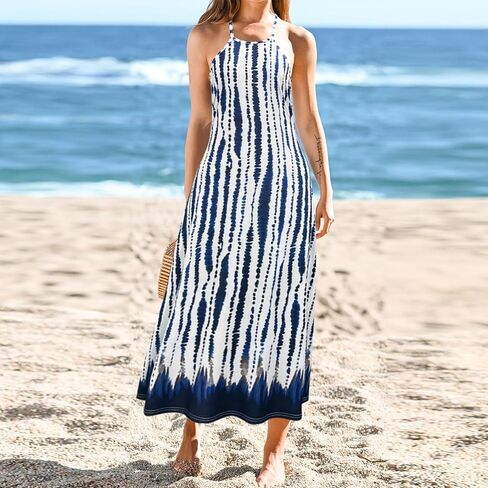 Women's Summer Striped Tie-Dye Print Dress,Versatile Halter Neck Dress in Saudi Arabia