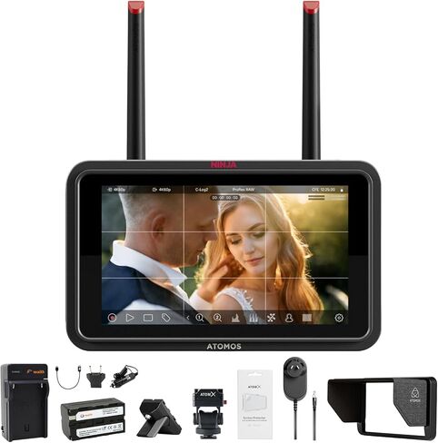 Atomos Ninja TX GO 5" Camera Monitor-Recorder, HDMI CFexpress Wi-Fi - HDR Resolution Touchscreen Display with Power Battery, Single Charger & Aluminum Alloy Camera Hot Shoe Mount (2 Pack) - Bundle Kit in Saudi Arabia