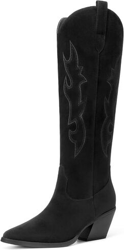 DREAM PAIRS Cowgirl Boots Women Knee High Cowboy Boots Pointed Toe Chunky Block Heel Suede Tall Western Boots with Embroidered in Saudi Arabia