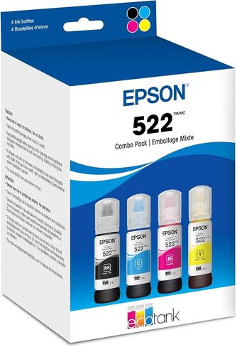 زجاجة حبر Epson 522 EcoTank ذات سعة عالية للغاية باللون الأسود والألوان (T522120-BCS) تعمل مع EcoTank ET-2720، ET-2800، ET-2803، ET-2840، ET-4700، ET-4800، ET-4810 in Kuwait