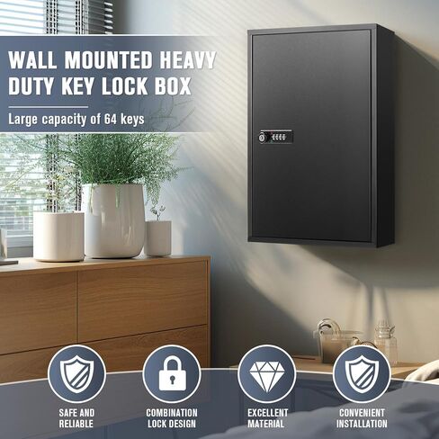 64 Key Cabinet, Key Lock Box Wall Mount, Keybox Wall Mount, Keys Organizer Box Office, Property Management, Hotel, Car Dealership-Includes 64 Key Tags, Mounting Hardware(Black) in Saudi Arabia