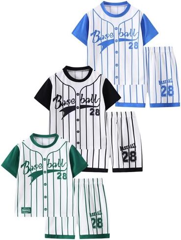 Boys 6 Piece Baseball Jersey Set Kid's Striped Printed Short Sleeve Pullover Tee and Athletic Shorts Outfits 3-14Y in Saudi Arabia