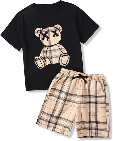 Boys 2 Piece Outfits Short Sleeve Bear Pattern T-Shirt and Plaid Shorts Summer Clothes for Kids 7-13 Years in Kuwait
