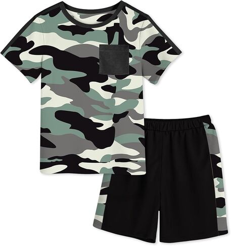 ملابس الأولاد التمويه تي شيرتات قصيرة الأكمام والسراويل مجموعات ملابس الاطفال الأولاد ملابس الصيف لمدة 5-12 سنة in Kuwait