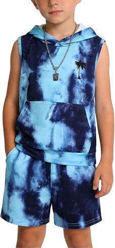 6-12 سنة الأولاد 2 قطعة الزي بلا أكمام التعادل صبغ هوديي تي شيرت و مجموعة السراويل القصيرة الأولاد ملابس الصيف الشاطئ in Kuwait