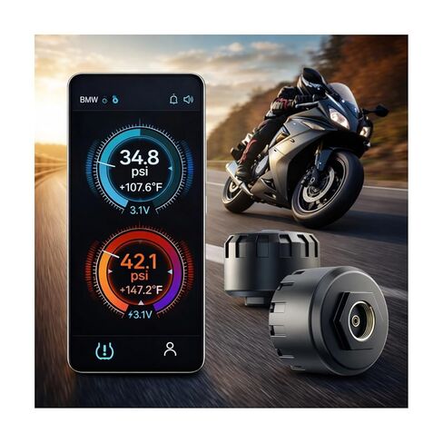 Motorcycle Tire Pressure Monitoring System, Bluetooth TPMS for Motorcycles – Real-Time Tire Pressure & Temperature Monitor with Dual External Valve-Stem Sensors, Waterproof Wireless TPMS in Kuwait