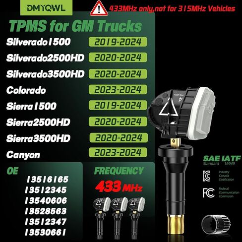 TPMS مبرمج مسبقًا بتردد 433 ميجاهرتز لشاحنات جنرال موتورز - شيفروليه سيلفرادو 1500 (2019-2024)؛ سيلفرادو 2500/3500HD (2020-2024) | جي إم سي سييرا 1500 (2019-2024)؛ سييرا 2500/3500HD (2020-2024) مستشعر الإطارات (4 قطع) in Kuwait