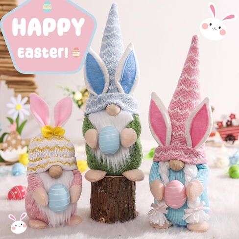 Easter Gnomes Decoration, 3 PCS Spring Bunny Dolls with Easter Egg Handmade Faceless Elf Dwarf Home Decor Gift for Wife, Swedish Rabbit Tomte Table Ornaments Tiered Tray in Saudi Arabia