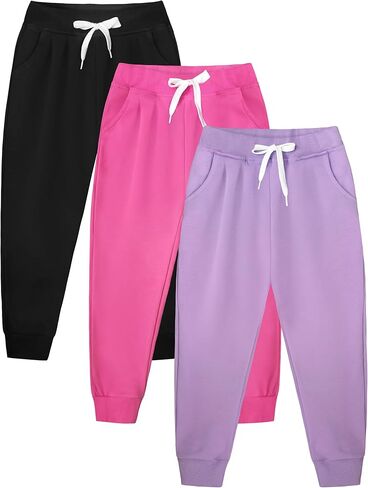 VOGRYE 3 قطع من السراويل الرياضية للفتيات الركض من القطن الناعم سراويل رياضية للأطفال مع جيب برباط in Kuwait