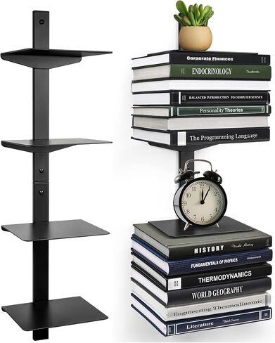 Floating Book Shelves for Wall, 4 Tier Invisible Floating Bookshelf, Vertical Spine Book Tower, Wall Mounted & Space Saving, Heavy Duty Metal Book Organizer for Home Office, 2 Pack White in Saudi Arabia