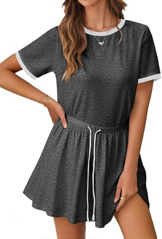 Womens Casual Mini Dress Short Sleeve Crewneck Pleated Drawstring Loose Fit Summer T Shirt Dresses in Saudi Arabia