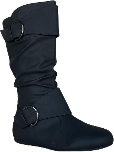 ABSOLEX Women Round Toe Buckle w/Side Zip Slouch Flat to Low Heel Mid-Calf Boots in Saudi Arabia