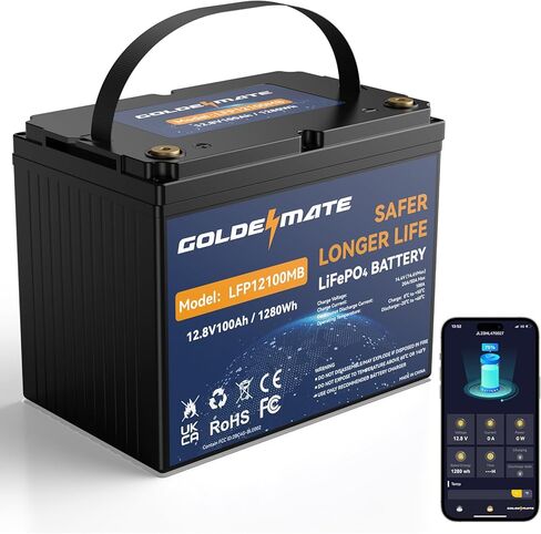 GOLDENMATE 12V 100Ah LiFePO4 Battery, Up to 15000 Deep Cycles Group 31 Lithium Battery, Built-in 100A BMS, Perfect for RV, Solar, Camping, Marine, Trolling Motor and Off-Grid Applications in Kuwait