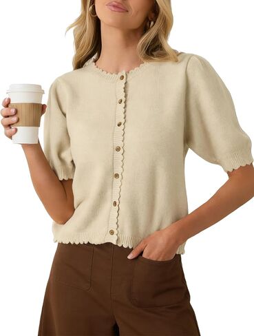 Short Sleeve Cardigans for Women Button Up Lightweight Puff Sleeve Sweater Cropped Summer Casual Knit Tops in Kuwait