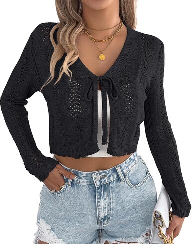 FEOYA Women's Crochet Cardigan Tie Front Shrug Sweater Casucal Cropped Cardigans Knit V-Neck Shrugs Sweaters S-XL in Saudi Arabia
