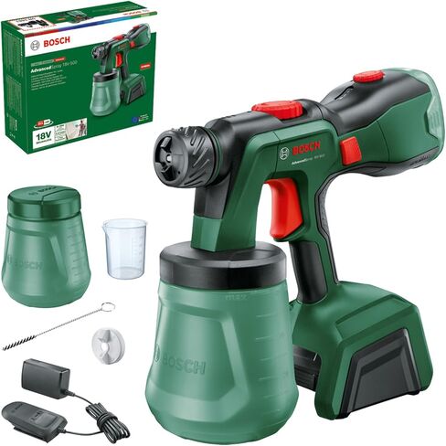 مسدس طلاء لاسلكي AdvancedSpray 18V-500 من Bosch (الورنيش، الورنيش، دهانات التوزيع/اللاتكس، 3 م²/الدقيقة؛ دلاء 2 × 1200 مل، شاحن وبطارية 4 أمبير في الساعة) in Saudi Arabia