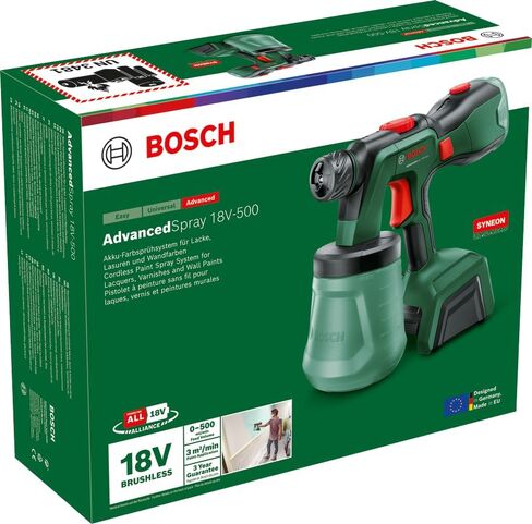 مسدس طلاء لاسلكي AdvancedSpray 18V-500 من Bosch (الورنيش، الورنيش، دهانات التوزيع/اللاتكس، 3 م²/الدقيقة؛ دلاء 2 × 1200 مل، شاحن وبطارية 4 أمبير في الساعة) in Saudi Arabia