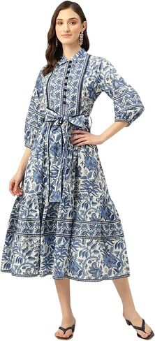 Floral Print Midi Dress with Belt, Blue and White in Saudi Arabia