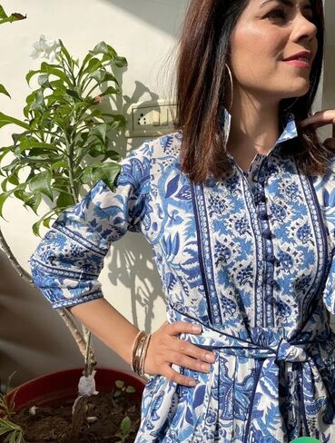 Floral Print Midi Dress with Belt, Blue and White in Saudi Arabia