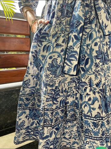 Floral Print Midi Dress with Belt, Blue and White in Saudi Arabia