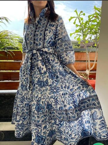 Floral Print Midi Dress with Belt, Blue and White in Saudi Arabia