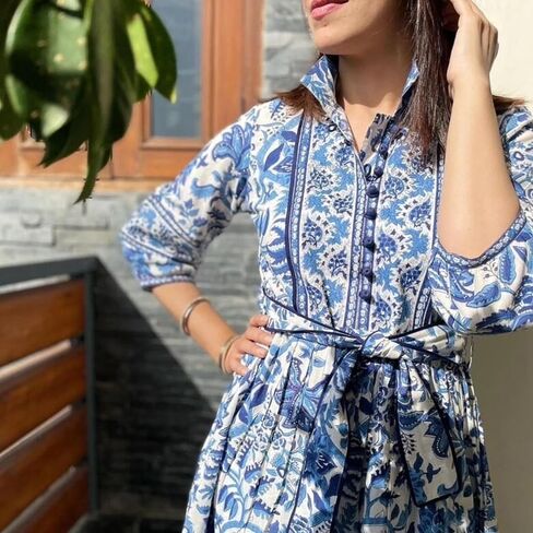 Floral Print Midi Dress with Belt, Blue and White in Saudi Arabia